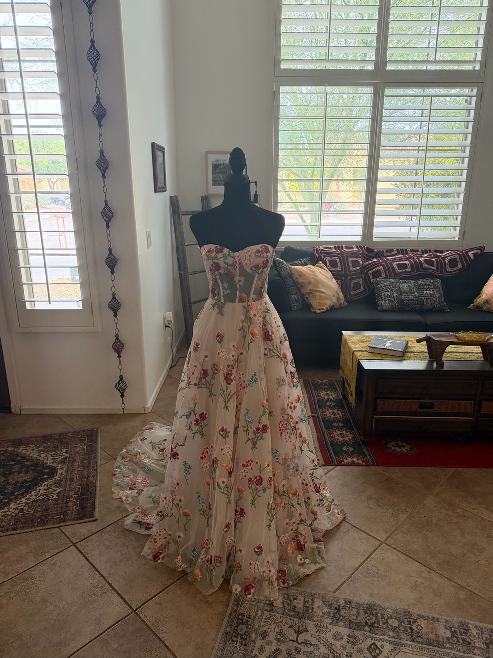 Source Unknown Strapless Floral A-Line Gown in White with Multicolor Embroidery
